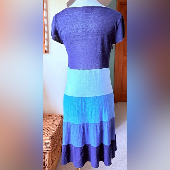 Boden Color-block A-line Stretchy Knit Linen Dress w Cap Sleeves n Blues & White - Picture 7 of 10